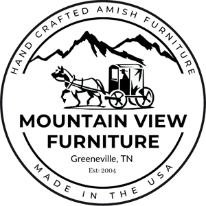 Mountain View Furniture circular logo with mountains, horse‑drawn buggy, “Greeneville TN,” and “Hand‑Crafted Amish Furniture – Made in the USA”